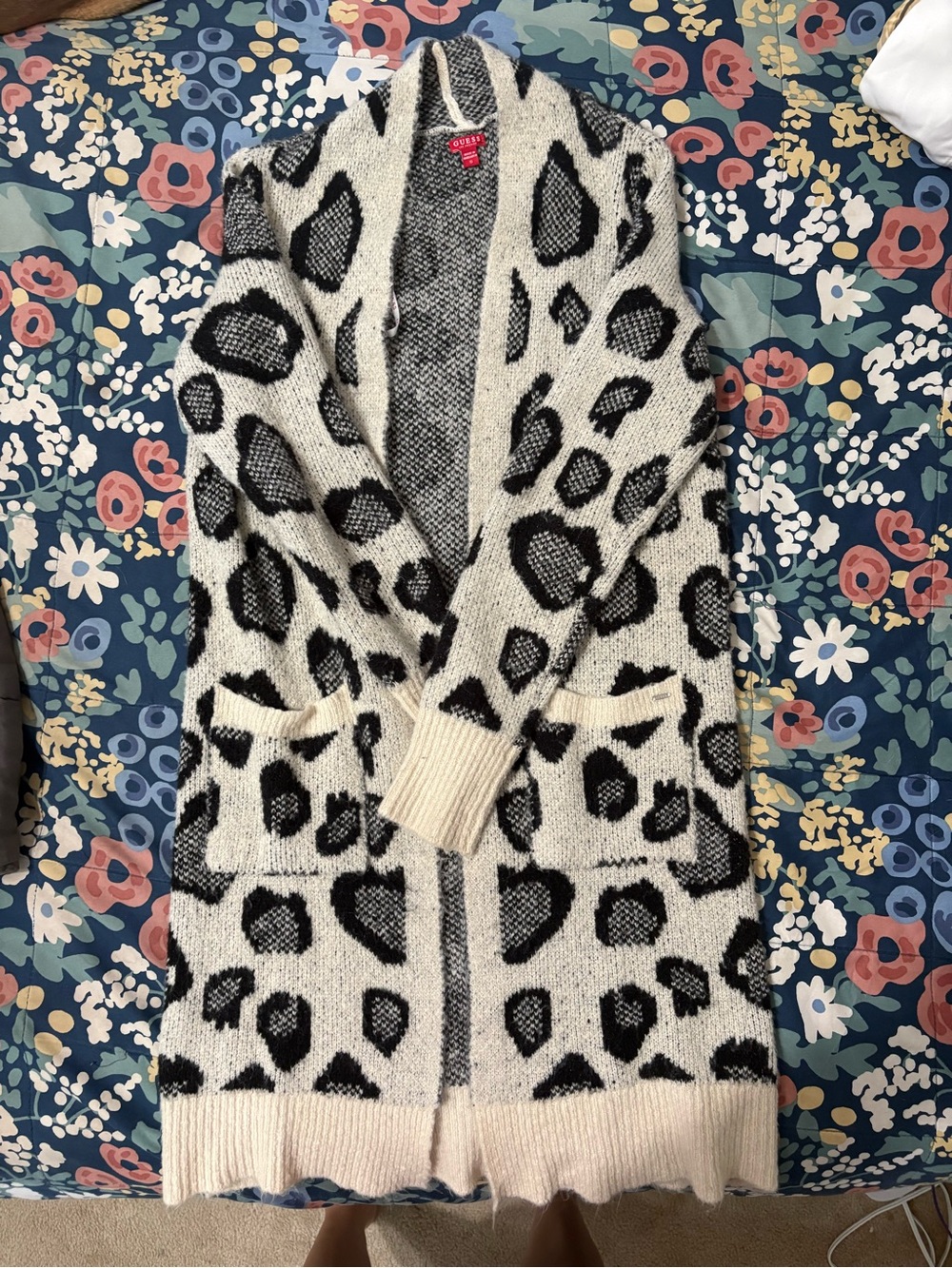 Guess Ivory & Black Leopard Open-Front Cardigan